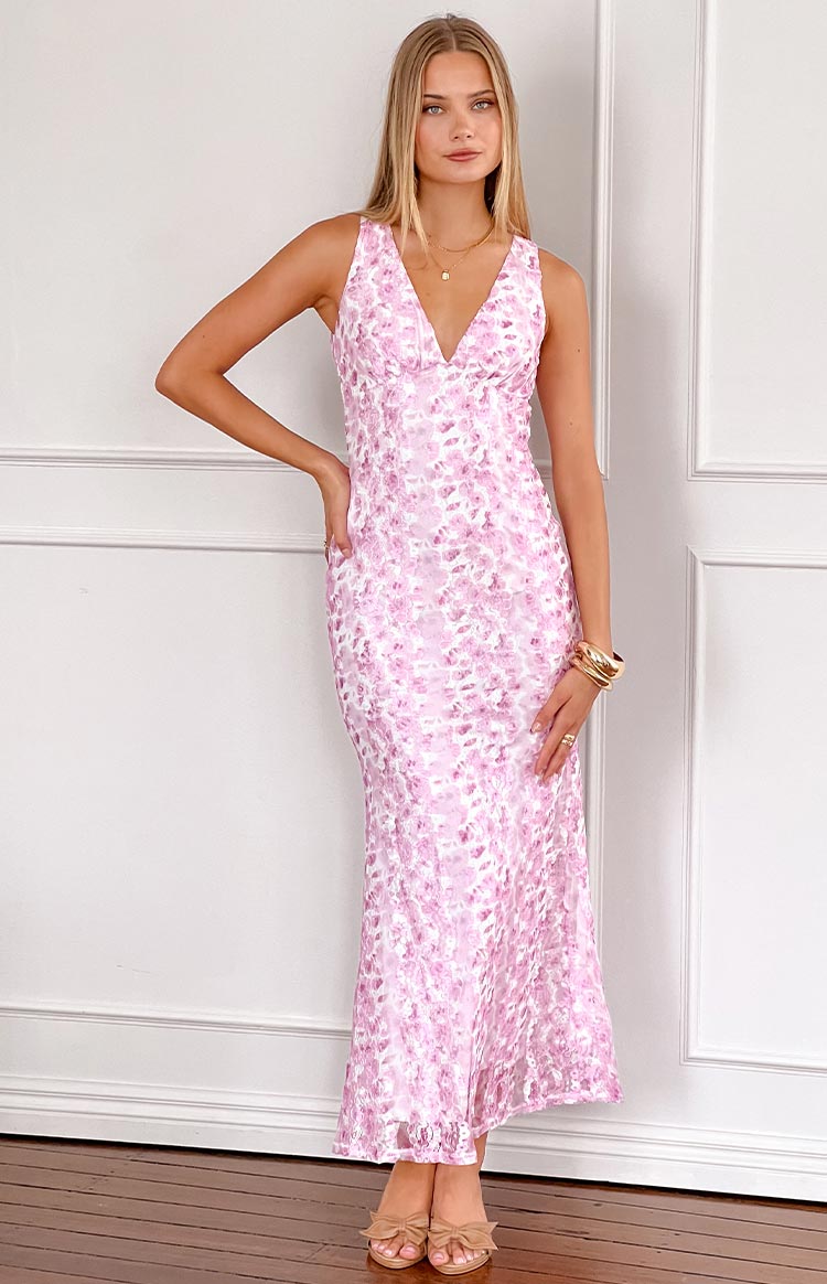 Front view of a pink and white mottled floral lace V-neck sleeveless maxi dress