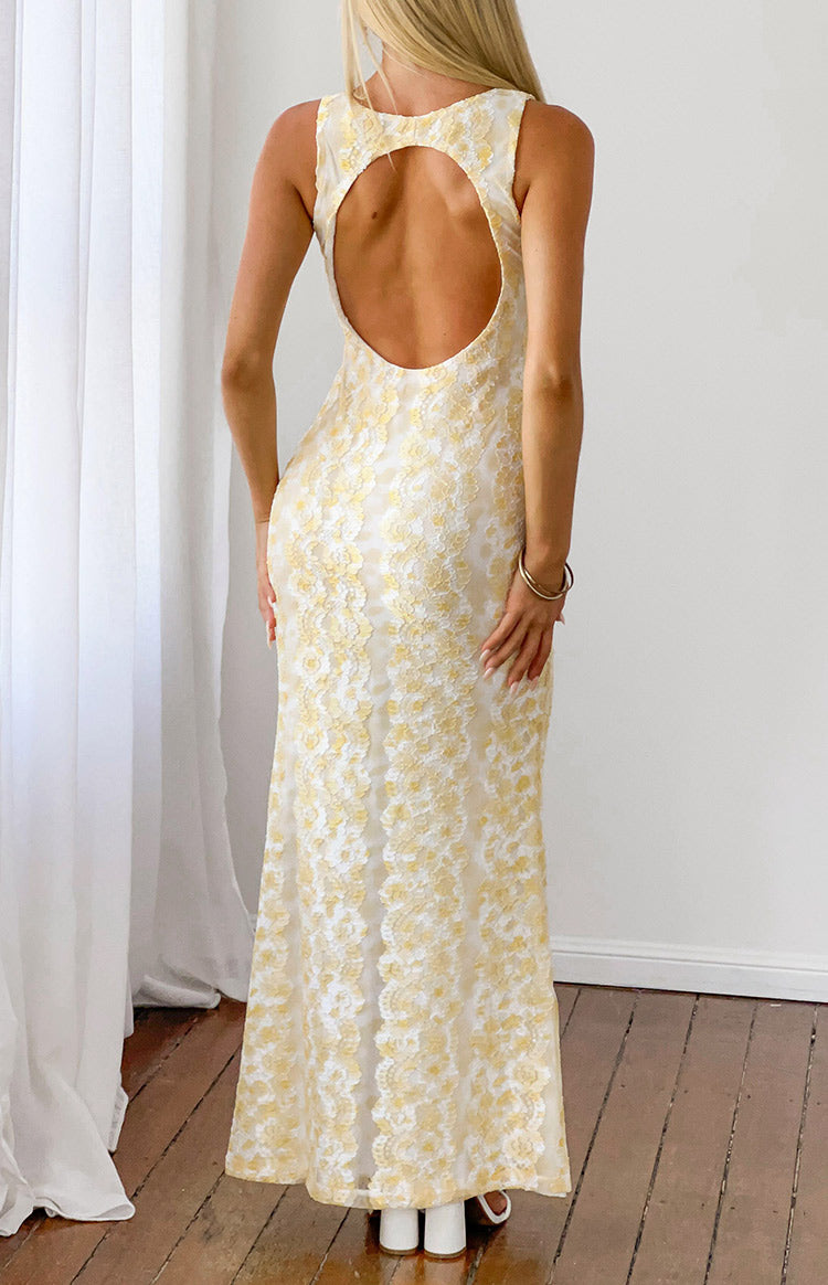 Beginning Boutique Farida Yellow Lace Maxi Dress yellow and white floral lace sleeveless maxi dress with a large back cutout