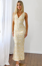 Yellow floral lace maxi dress with a deep V-neck and a fitted silhouette