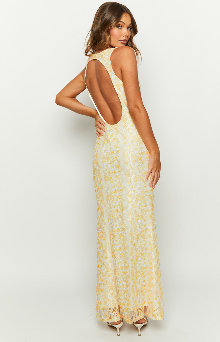 Shop Formal Dress - PRE-ORDER Farida Yellow Lace Maxi Dress fifth image