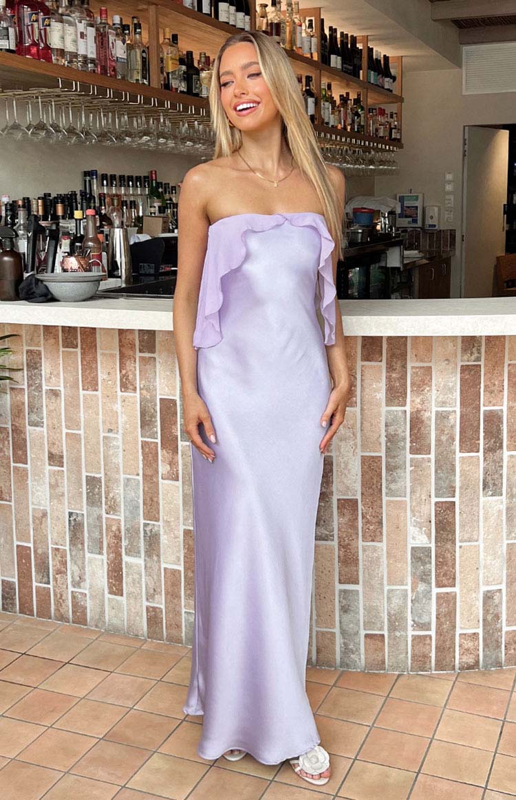 Beginning Boutique Faylinn Purple Strapless Maxi Dress lavender satin strapless maxi dress with a ruffled overlay neckline