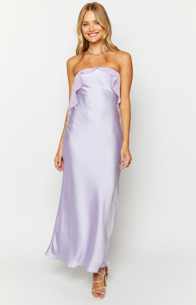Light purple strapless maxi dress with a ruffled overlay on the bodice and a flowing satin skirt