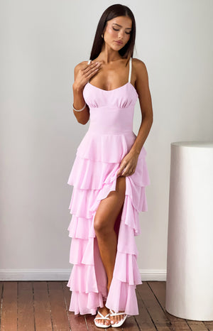 Beginning Boutique Felicity Pink Pearl Strap Ruffle Maxi Dress light pink tiered ruffle maxi with pearl spaghetti straps and