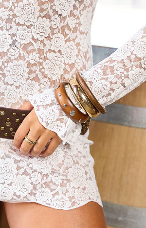 Beginning Boutique Fern 3 Pack Gold and Wood Bangle Set three bangles: one wide studded wood, one wide smooth gold, one thin smooth wood