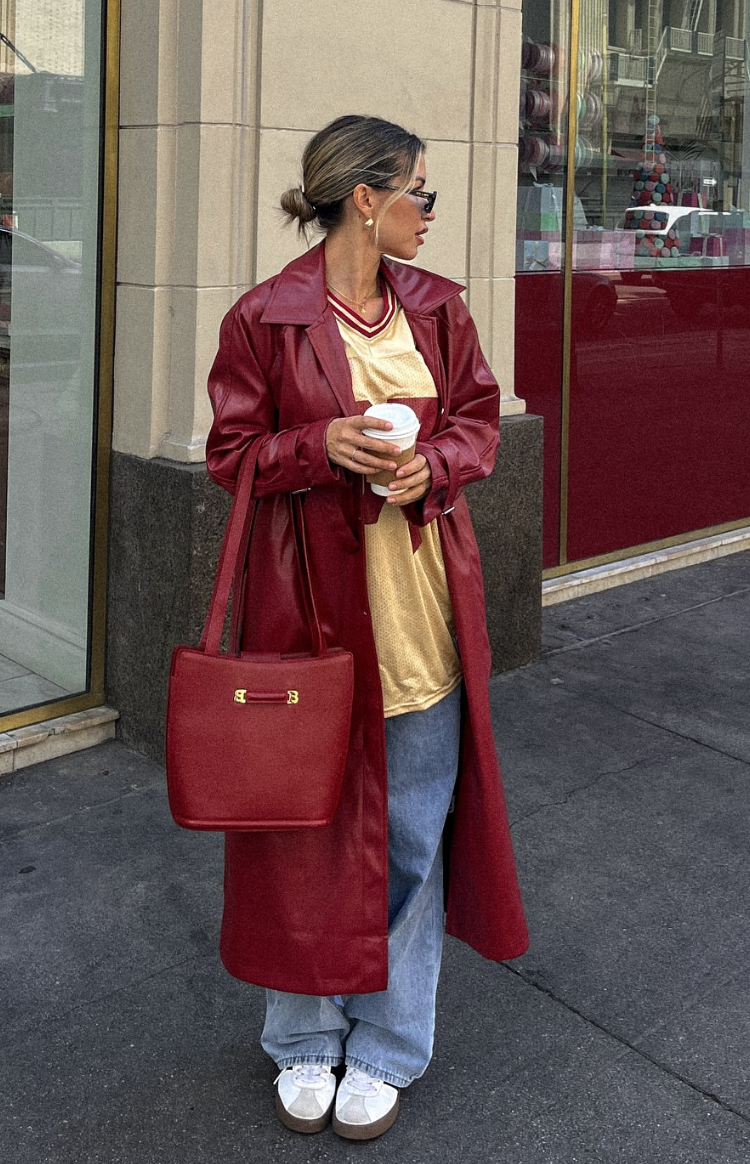 Beginning Boutique Finn Red PU Trench Coat red PU longline collared trench coat with a belted waist