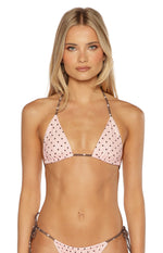 Pink polka dot triangle bikini top with brown halter neck and back ties