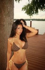 Brown polka dot triangle bikini top with halter neck and back ties