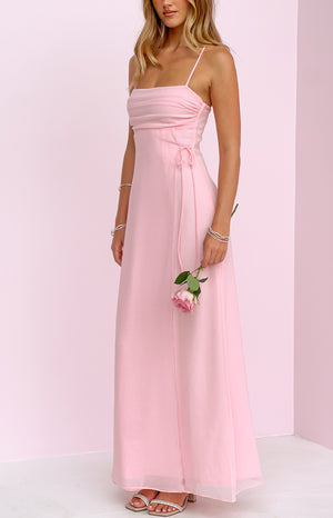 Beginning Boutique Flossie Pink Maxi Sleeveless Dress pink square neck ruched maxi dress with spaghetti straps and tie-side waist