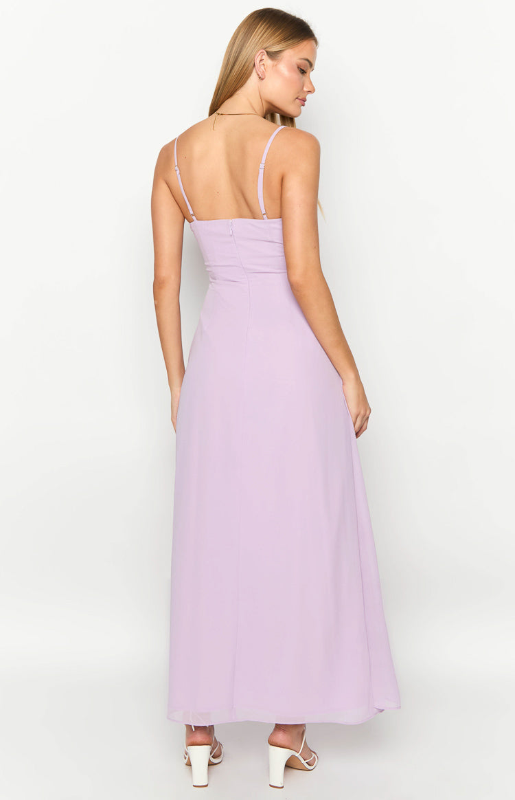 Rear view of a lilac maxi dress with thin adjustable spaghetti straps and a visible back zipper