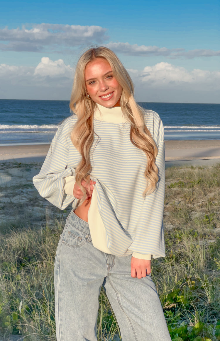 Beginning Boutique Flossy Mock Neck Blue Stripe Sweater light blue and white striped mock neck sweater with cream collar and