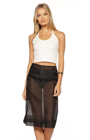 Front view of the black sheer organza midi skirt, straight fit, with a banded hem