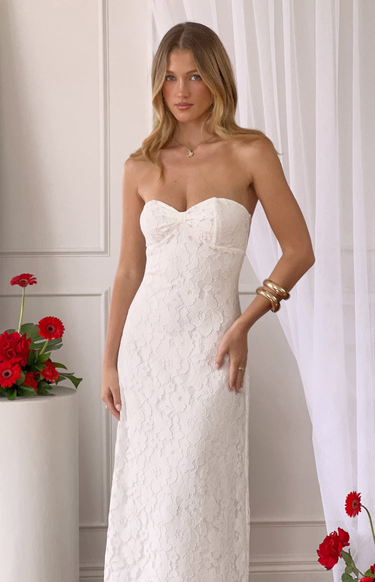 Beginning Boutique Francia White Lace Strapless Maxi Dress white lace strapless maxi dress with a sweetheart neckline and bow