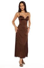 Brown satin midi dress with a V-neckline, black lace trim at the bust and hem, and thin spaghetti straps