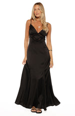 Black satin maxi dress with a lace-trimmed V-neck bodice and a panelled, flowing skirt
