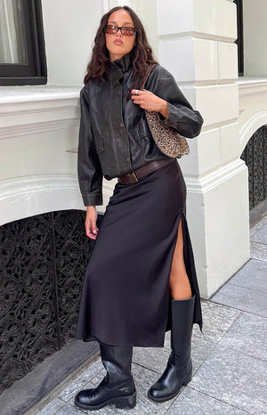 Beginning Boutique Genevieve Black Maxi Skirt black satin maxi skirt with a high side slit