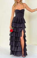 Beginning Boutique Georgie Black Ruffle Maxi Dress black sweetheart ruched bust spaghetti strap tiered ruffle maxi dress with thigh split