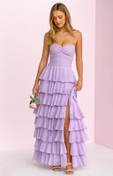 Beginning Boutique Georgie Lilac Ruffle Maxi Dress lilac sweetheart ruched bust maxi dress with thin straps lace-up sides and tiered ruffle skirt