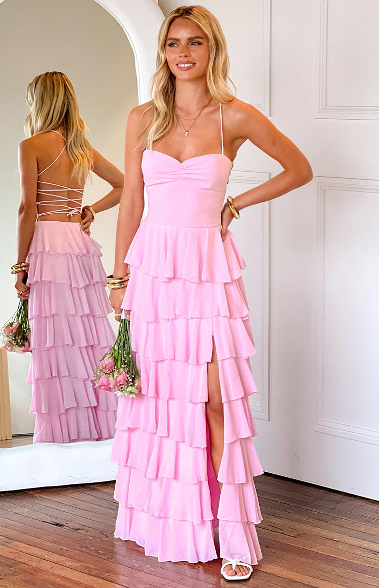 georgie pink ruffle maxi dress Georgie Pink Ruffle Prom Dress