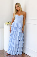 Beginning Boutique Georgie Blue Ruffle Maxi Dress light blue tiered ruffle maxi with criss-cross tie back