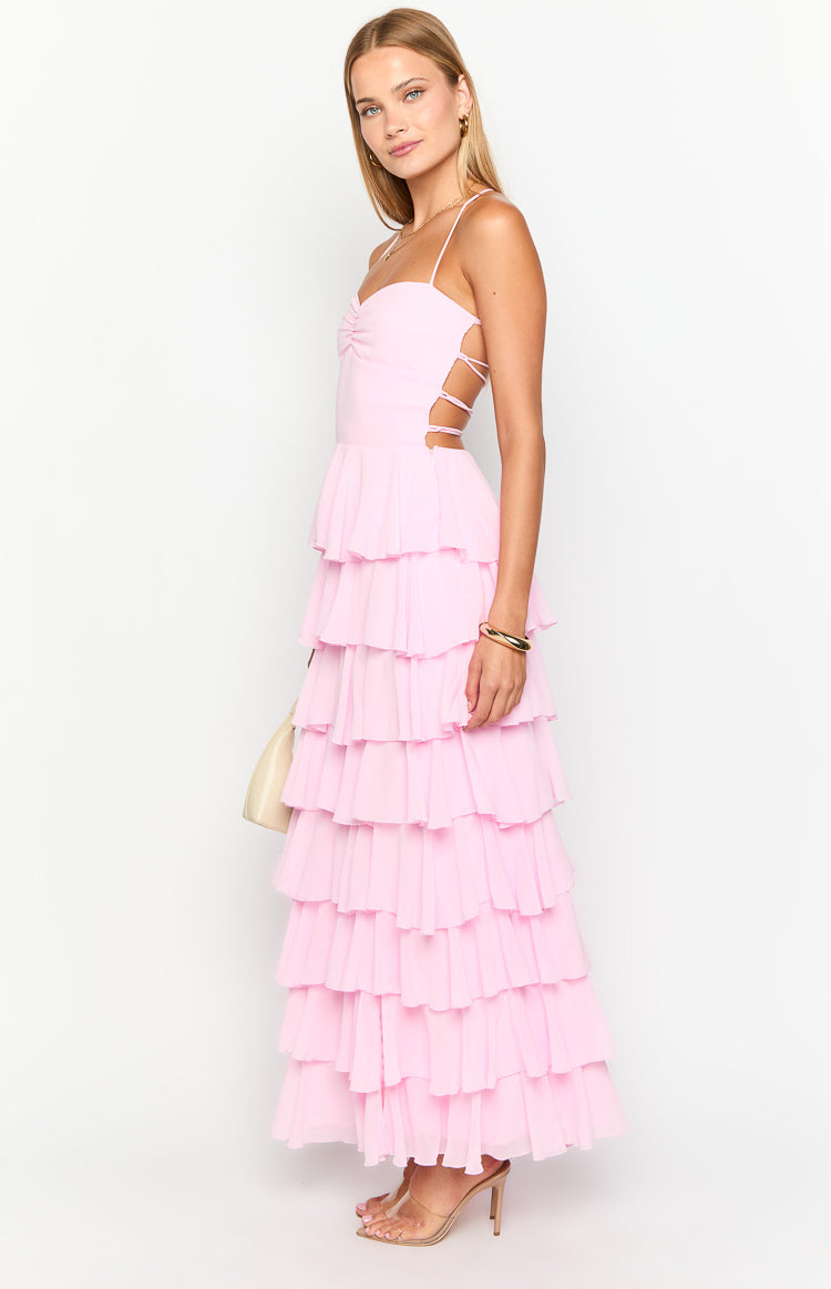 georgie pink ruffle maxi dress Georgie Pink Ruffle Prom Dress - US 16