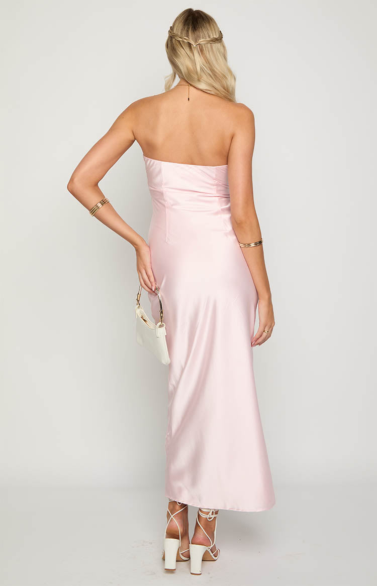 Rear view of a light pink strapless satin maxi dress with a smooth, flowing silhouette