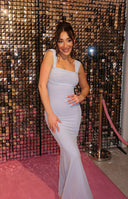 Beginning Boutique Beverley Lilac Mesh Maxi Dress lilac mesh sleeveless maxi with ruched front and low scoop tie-back