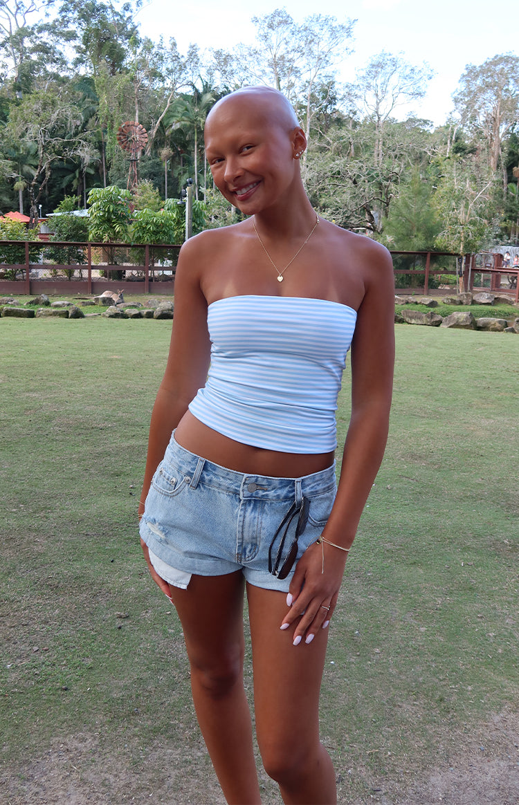 Beginning Boutique Daisy Blue Striped Tube Top blue and white striped fitted strapless crop tube top