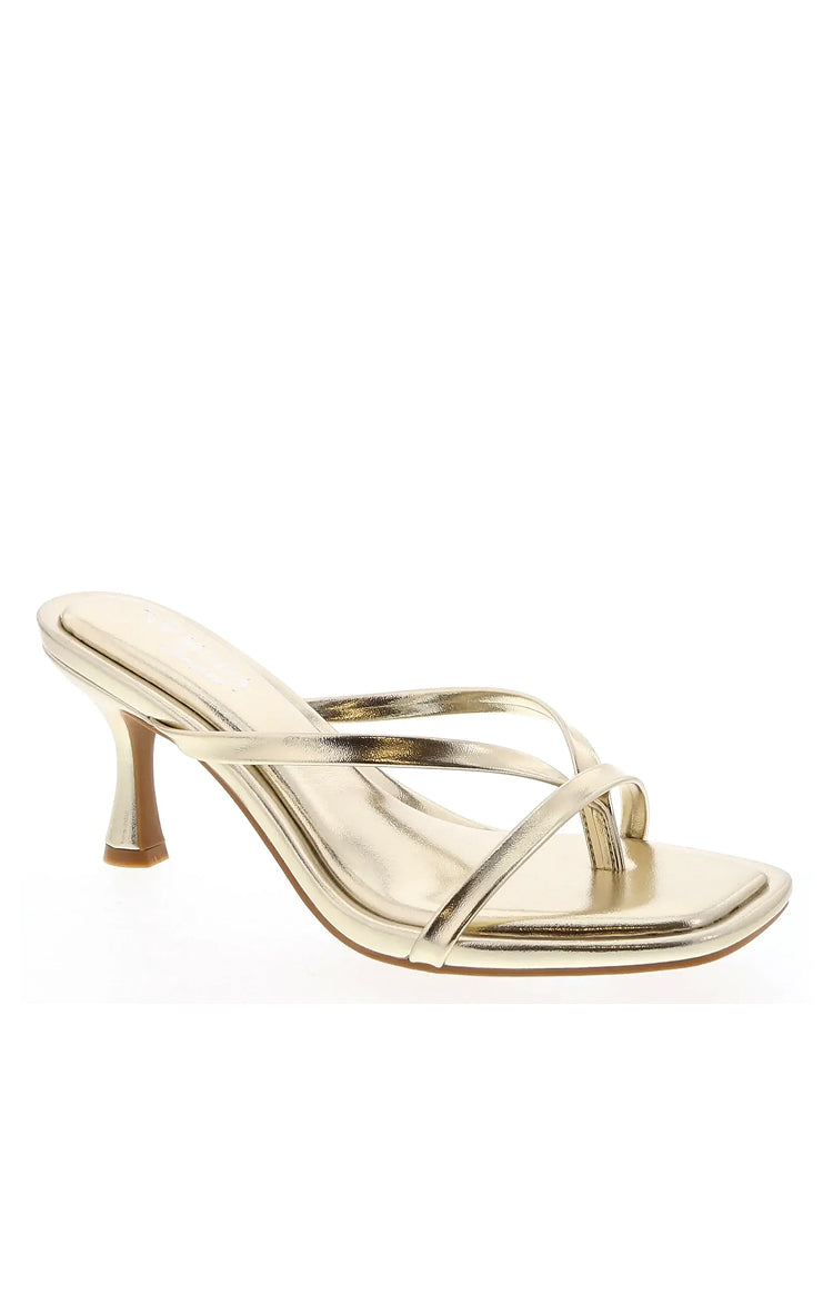 Beginning Boutique Girls Night Gold Strap Kitten Heels gold metallic strappy kitten heels with a square toe and thong strap