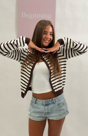 Open front chocolate and white stripe cardigan with brown buttons and ribbed cuffs