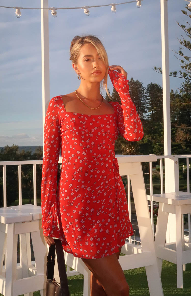 Goldie Red Floral Long Sleeve Mini Dress Goldie Red Floral Long Sleeve Mini Dress