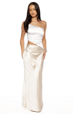 Beginning Boutique Gracie White Contrast Satin Maxi Dress white one-shoulder top with halter neck and champagne satin ruched maxi skirt