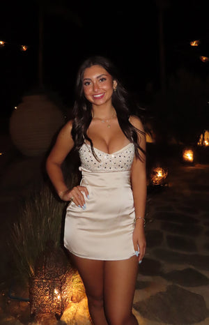 Beginning Boutique Fran Cream Sequin Contrast Party Mini Dress cream sequin contrast V-neck mini dress with spaghetti straps