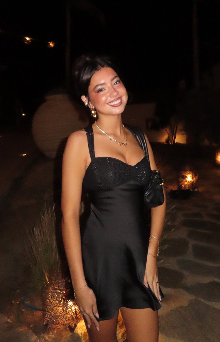 Beginning Boutique Jazzy Black Contrast Rhinestone Mini Dress black satin mini dress with rhinestone sweetheart bust and thic