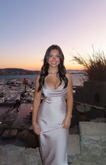 Mocha satin cowl neck maxi dress with side waist cutouts and thin spaghetti straps