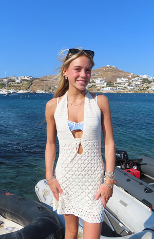 Beginning Boutique Tulip Cream Crochet Mini Dress cream open knit crochet halter neck mini dress with keyhole tie front