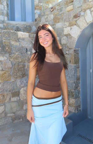 Beginning Boutique Prue Brown Scoop Neck Tank Top brown ribbed knit scoop neck fitted sleeveless tank top