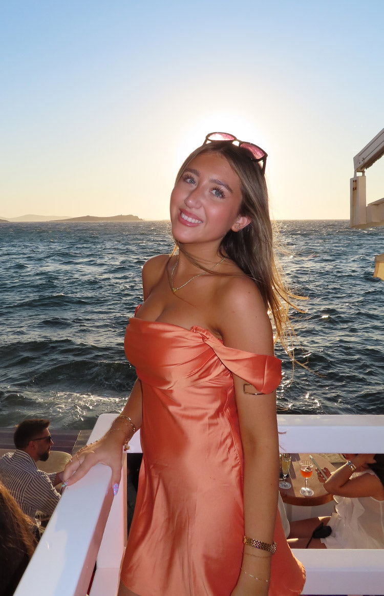 Beginning Boutique Zoella Orange Off The Shoulder Mini Dress orange satin off-shoulder mini dress with a draped bust