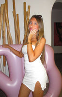 Beginning Boutique Let Go White Ruched Mini Dress white strapless bodycon mini dress with side slit