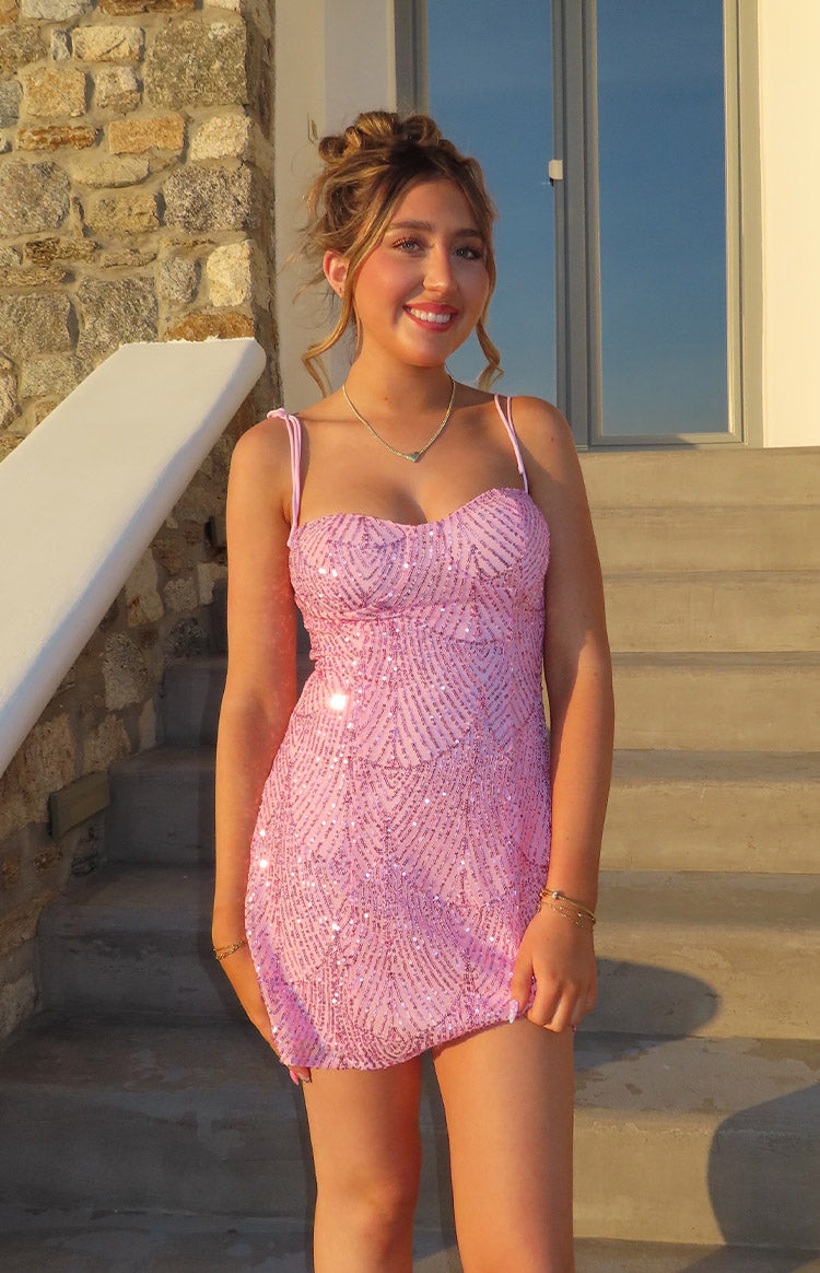 Beginning Boutique Penny Lane Pink Sequin Mini Dress pink sequin sweetheart mini dress with thin tie-shoulder straps and a ch