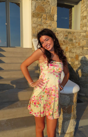 Beginning Boutique Chantell Yellow Bloom Mini Dress yellow satin mini dress with pink floral pattern, straight neckline, thin