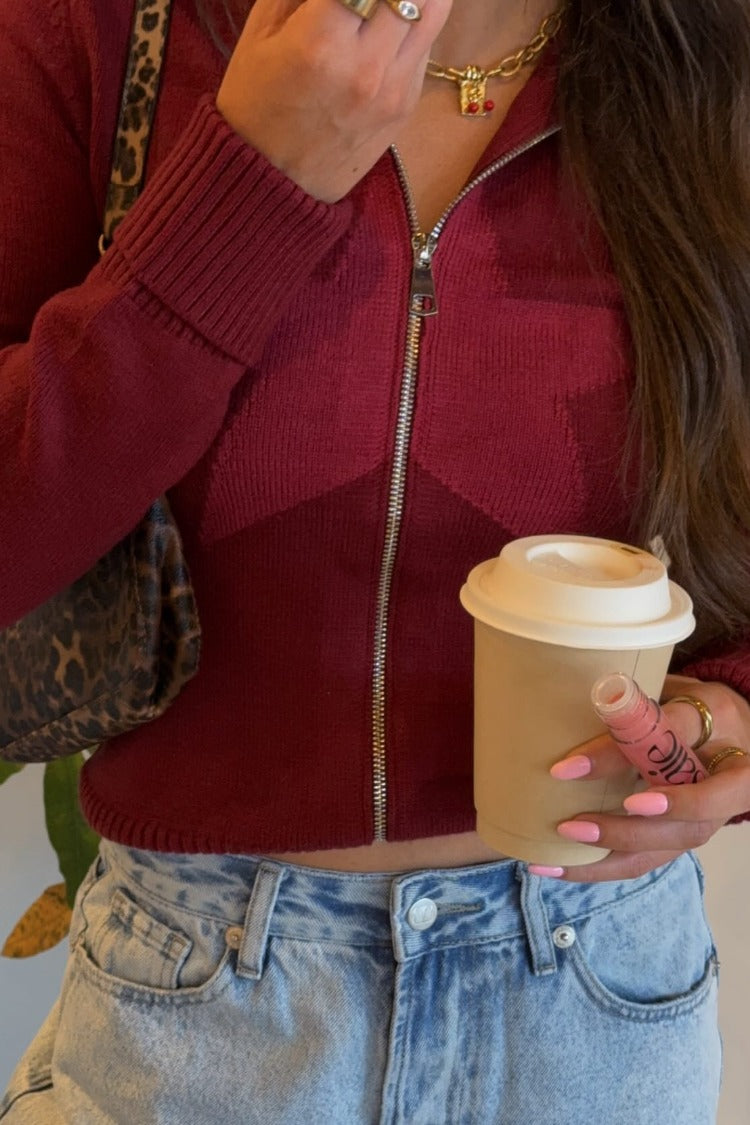 Beginning Boutique Groove Burgundy Star Zip Up Knit Sweater burgundy knit cropped zip-up sweater with subtle star pattern