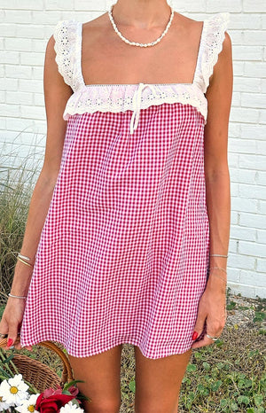Beginning Boutique Harry Red Gingham Lace Mini Dress red gingham square neck mini with white broderie anglaise flutter sleeve