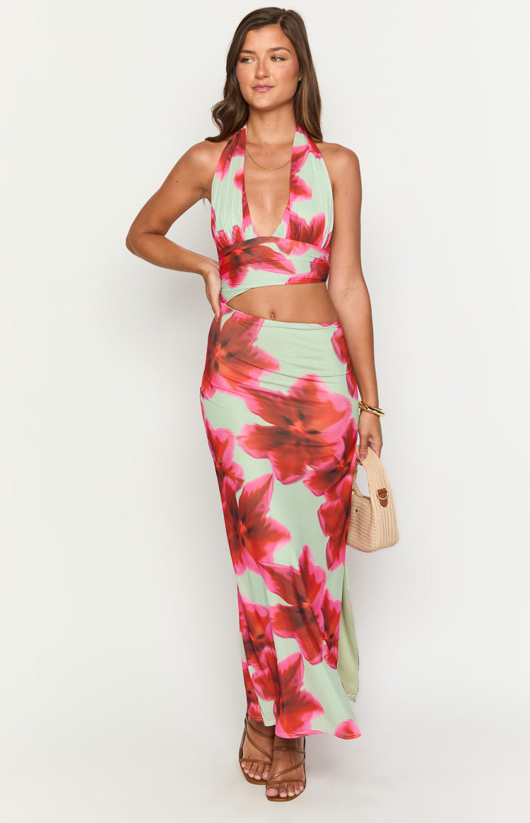 Front view of a light green maxi dress with pink floral print, halter neckline, deep V-neck, and waist cutouts