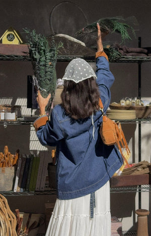 Beginning Boutique Hendrick Mid Wash Denim Cord Trim Oversized Jacket mid wash blue denim oversized jacket with tan cord trim on cuffs