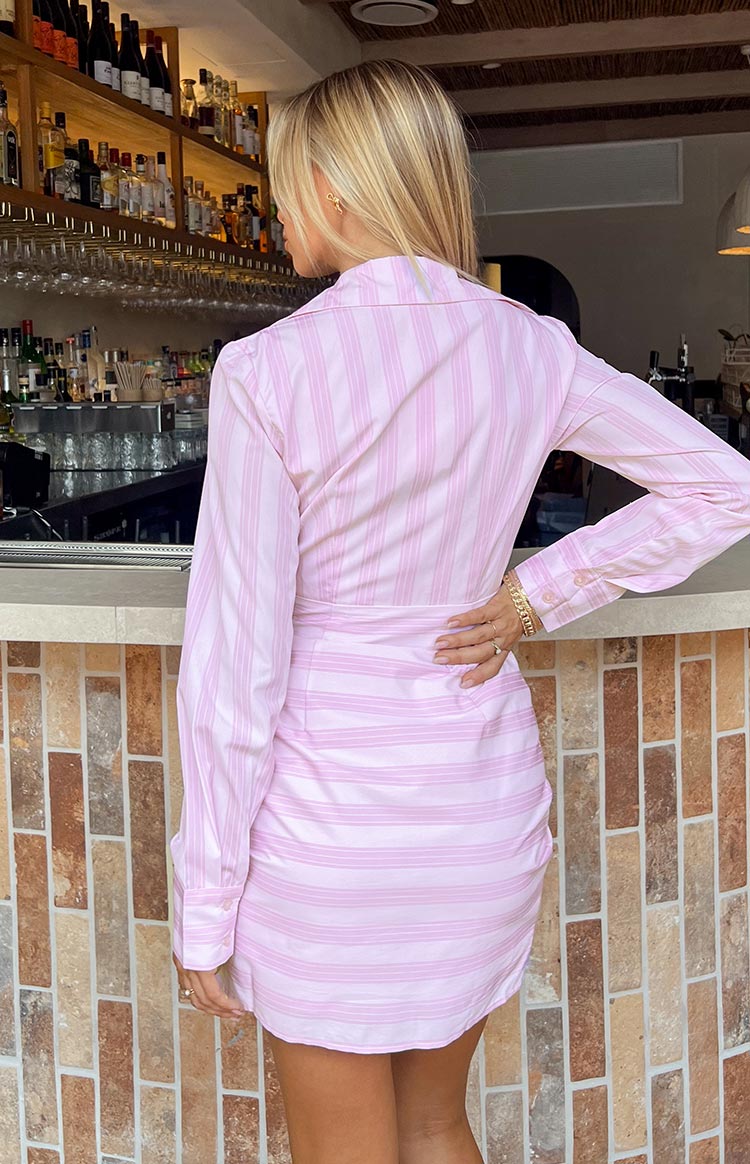 Holly Pink Stripe Tie Up Shirt Mini Dress Holly Pink Stripe Tie Up Shirt Mini Dress