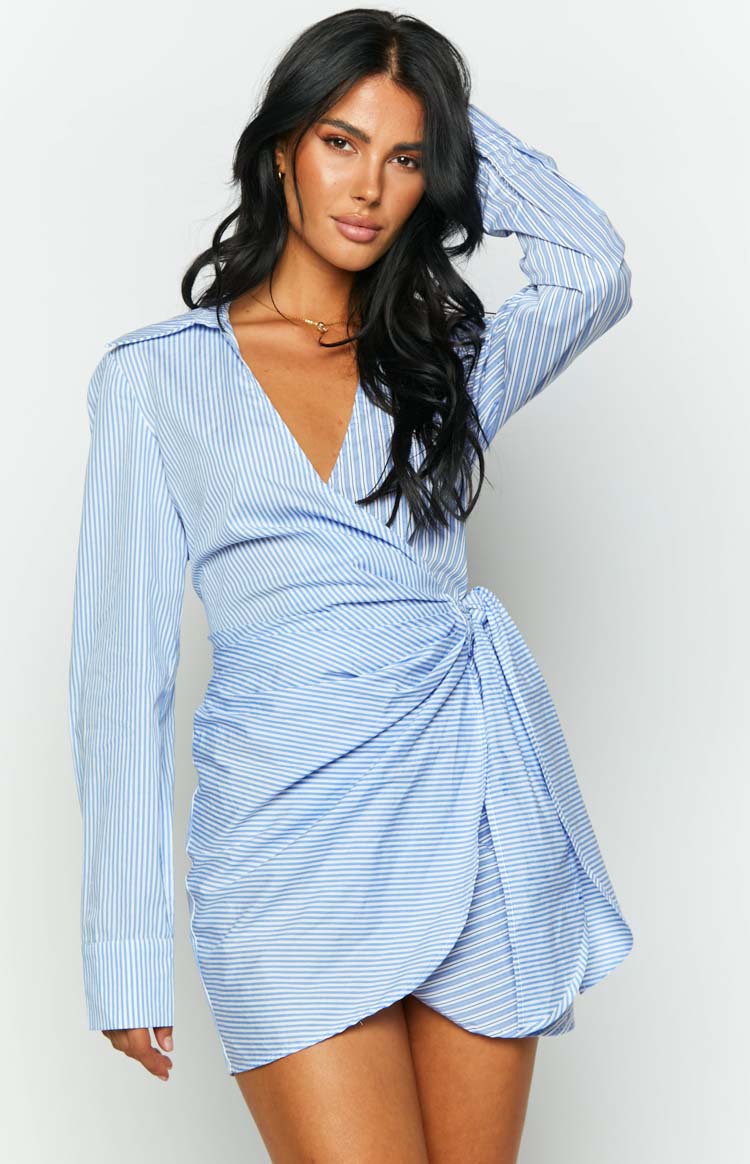 Holly Blue Stripe Tie Up Shirt Mini Dress Image