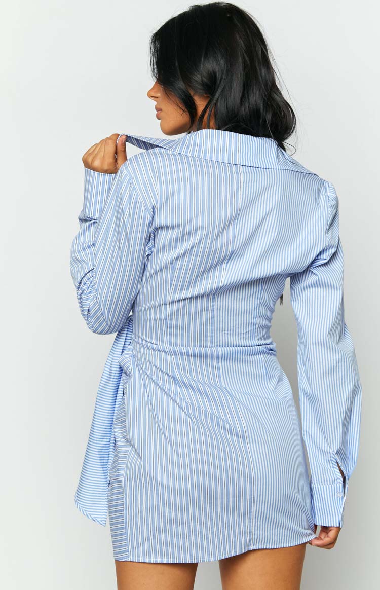 Holly Blue Stripe Tie Up Shirt Mini Dress Image