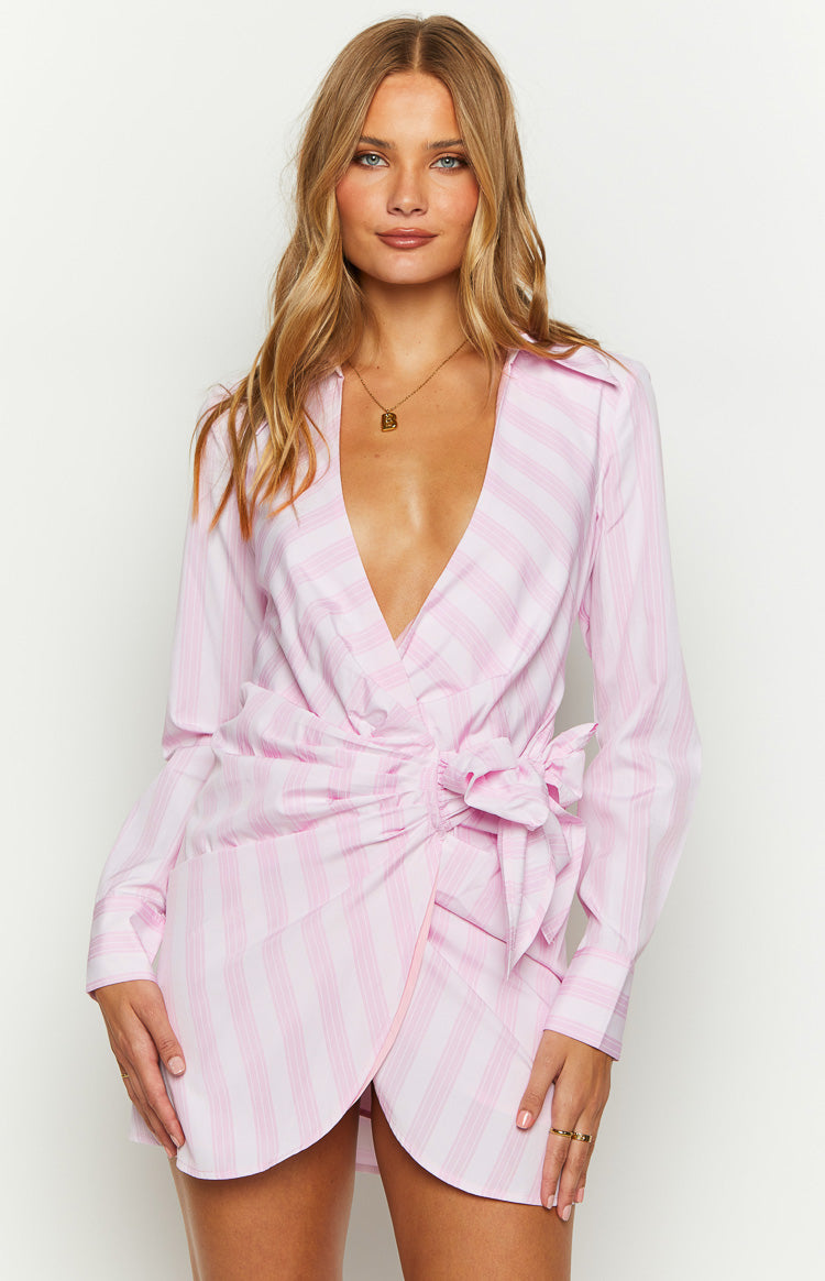 Beginning Boutique Holly Pink Stripe Tie Up Shirt Mini Dress V-neck long sleeve wrap mini dress with ruched tie waist