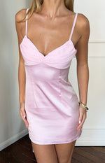 Front view of a light pink satin mini dress with ruched contrast sweetheart bust and thin spaghetti straps