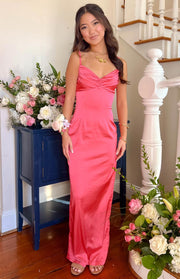 Beginning Boutique Honey Pink Maxi Dress honey pink satin maxi dress with ruched sweetheart neckline and spaghetti straps